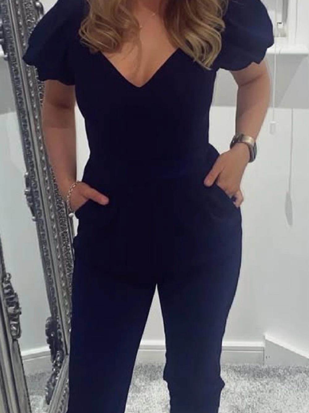 Skirt and Stiletto designer Navy Puff Sleeve Jumpsuit